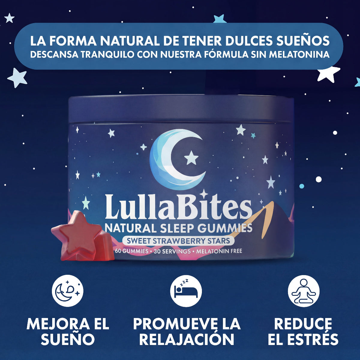 VitaRise LullaBites™ Gomitas Naturales para Dormir Dulces Estrellas de Fresa · 30 Porciones · Sin Melatonina