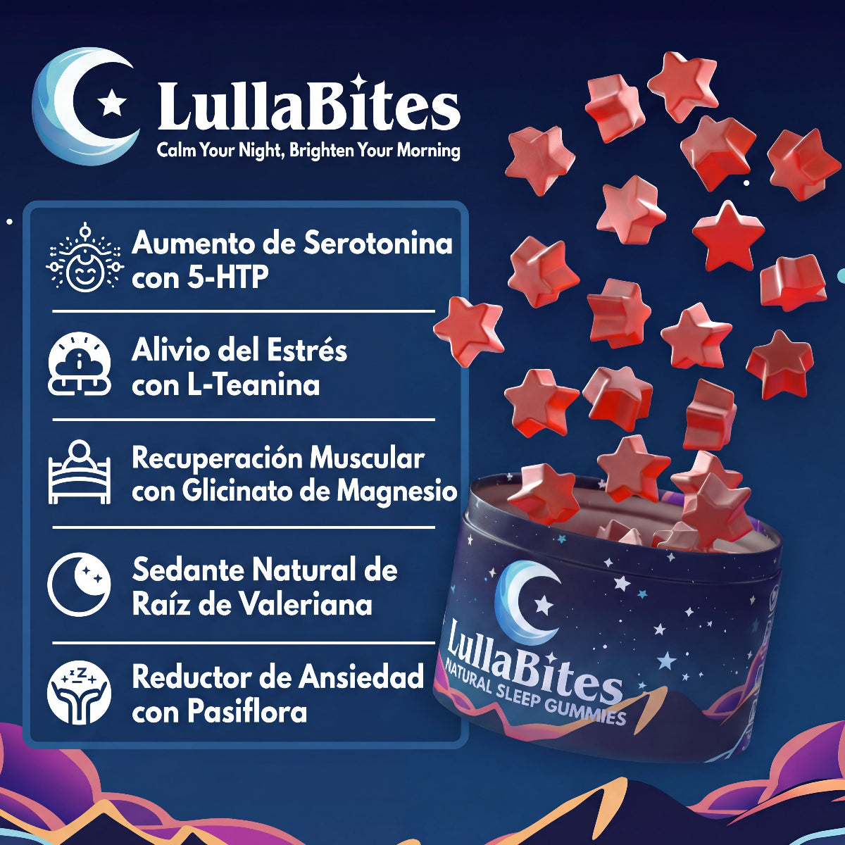 VitaRise LullaBites™ Gomitas Naturales para Dormir Dulces Estrellas de Fresa · 30 Porciones · Sin Melatonina