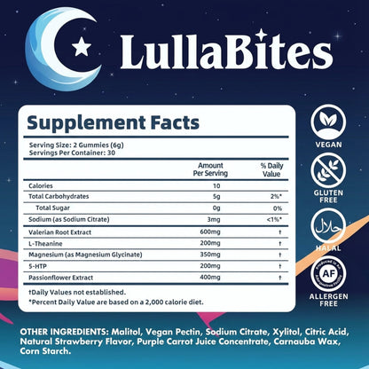 VitaRise LullaBites™ Gomitas Naturales para Dormir Dulces Estrellas de Fresa · 30 Porciones · Sin Melatonina